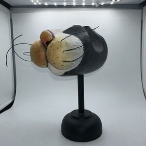 Hand Painted Wooden Tuxedo Cat Eyeglass Holder Stand Wire Whiskers Folk Art